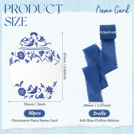JarThenaAMCS 50 Pcs Blue Floral Place Cards 3 x 3.8 inch Hanging Chinoiserie Blank Table Name Sign with Chiffon Ribbon for Wedding Baby Shower Table Setting Supplies