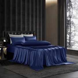 HommxJF Navy Blue Silky Comforter Bedding Set - Full Size - 5 Pcs: 1 Satin Flat Sheet, 1 Deep Pocket Fitted Sheet, 3 Satin Pillowcases with Envelope Closure