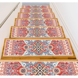 BLUERISE Carpet Stair Treads Non Slip 15PCS, 8" X 30" Edging Stair Runner for Wooden Steps Indoor, Resistant Stair Rugs with Reusable TPE Adhesive Backing, Residue Free Mat for Kids, Elders, Pets, Red