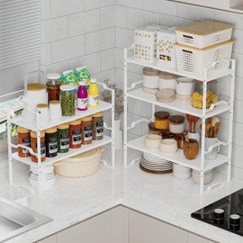 Jojocross Expandable Shelf for Cabinet Organizer Adjustable Stackable Spice Rack at Kitchen and Bathroom More, Counter Countertop Cupboard Organization Pantry Storage(MEDIUM/1PACK/WHITE)