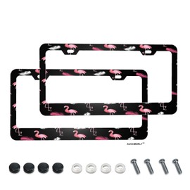AUCCMORLY 2 Sets Pink Flamingo License Plate Frame Stainless Steel Frame Holder Bird Animal Car Accessories Decorative Frames for Women Men Vehicles