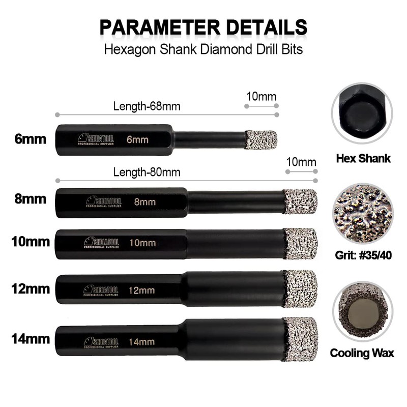 SHDIATOOL Diamond Drill Bits with Hex Shank 5 Pieces/Set 6/8/10/12/14
