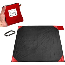 BeiLan Mini Pocket Picnic Blanket Durable Lightweight Waterproof Sand Proof Beach Camping Travel Mat Foldable Thin Ground Sheet for Outdoors Activities (150 * 180cm, Black & Red)