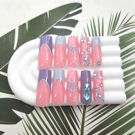 Square Press on Nails Long Fake Nails with Flowers Rhinestones Lines Designs French Nails Press ons Glossy Glue on Nails Pink Full Cover Artificial Stick on Nails for Women 24 Pcs