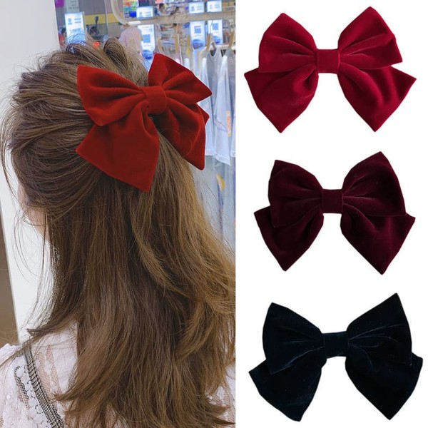 3PCS Velvet Bow Hair Clip, Bow Hair Clips Barrettes Clip for Girls Women Large Bow Hair Slides Metal Clips French Barrette Long Tail Soft Plain Color Bowknot Hairpin Holding Hair