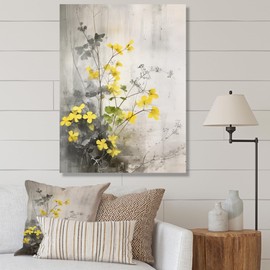 DesignQ Floral Oversized Wall art decor, Floral Wall Art, Yellow Grey Herb Garden Serene Botany, Yellow Traditional Canvas wall art, 24x32 inches