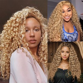 Dokksiiia Kinky Curly Weave Bundles Human Hair P27/613 2-Tone Honey Blonde and Light Blonde Track Mix Highlight Curly Wave Bundles Brazilian Human Hair Sew-In Weave Extensions 24 26 28 Inch