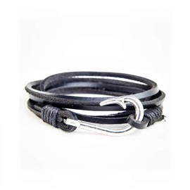 Caiyao Fish Hook Leather Wrap Braided Bracelet Multi-layer Handwork Punk style Fish Clasp Bracelet for Men-Brown 2