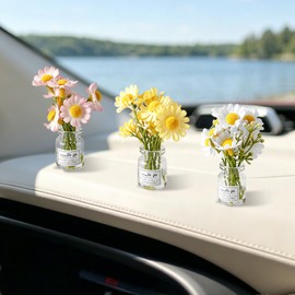 VBGURR 3Pcs Mini Daisy Car Decor Set, Cute Dashboard Ornaments Figurines