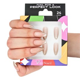 Votrenaeil Press On Nails – Golden Edge | No Glue Short Almond Nude Nails with Gold Chrome Tips for Party, Prom – 24 Pcs Nail Kit with Adhesive Tabs