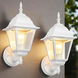 ASHOP Outdoor Wall Lantern 2 Pack White Waterproof Porch Light with Clear Glass Weather-Resistant Aluminum Sconce for Garage Patio Garden Front Door E26 Bulb (Bulbs Not Included)
