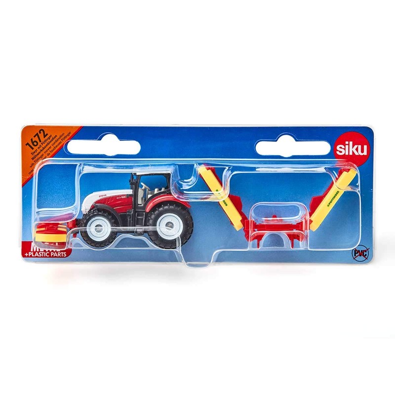 siku 1672, Steyr Tractor with Pöttinger Combination Mower, Metal/Plastic, Red,