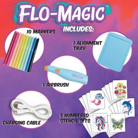 Flo-Magic Enchanted Airbrush Marker Stencil Art Set | Washable Non-Toxic Rechargeable Craft Kit | Unicorn Mermaid Dolphin Flowers Butterfly; for Kids Age 5 6 7 8 9 10