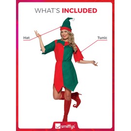 Smiffys Elf Costume Hat & Tunic, Fancy Dress, Adult Dress Up Costumes