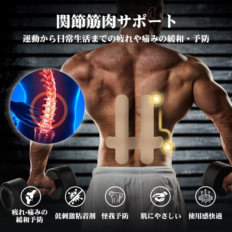 KTQUICK カット済みテーピング 腰＆背 伸縮 テーピングテープ 12Pcs プレカットキネシオテープ スポーツテープ 腰背サポーター 筋トレ