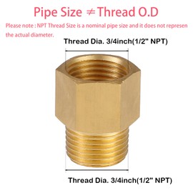 BILAL Brass Pipe Fittings 1/2" Male to 1/2" Female NPT Reducer Adapters, 1/2" Female to Male Brass Hex Bushing-O.D x I.D: 3/4" x 3/4" (Pack of 2)