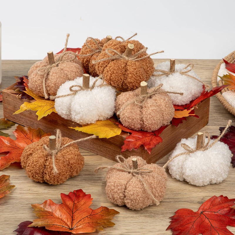 Oairse 9pcs Plush Pumpkins Fall Decorations Mini Artificial Pumpkins with