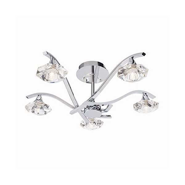 Luna Decorative Silver Chrome 5 Way Branch Arm Semi Flush Pendant Ceiling Light with Clear Crystal Glass Shades 550mm