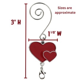 Heart Christmas Ornament Hook with S-Hook and Lobster Claw - Set of 10 - Enameled Red Double Hearts - Xmas Accessories & Accents for Hanging Ornaments 3" L