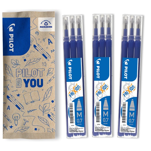 Pilot FriXion Gel Rollerball Pen Refills, 0.7 mm, Pack of 9, Blue, with Erasable Ink, Compatible with FriXion Ball and FriXion Clicker 0.7, Medium Thickness