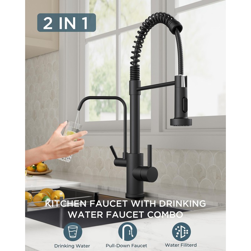FORIOUS Black Kitchen Faucet with Purfied Water Filter, 2 in