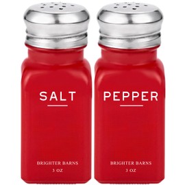 Red Salt and Pepper Shakers Set by Brighter Barns - Modern Kitchen Decor - Cute Glass Salt and Pepper Set with Stainless Steel Lid - Modern Kitchen Accessories for Home, Restaurant, Airbnb, Gift (Red)