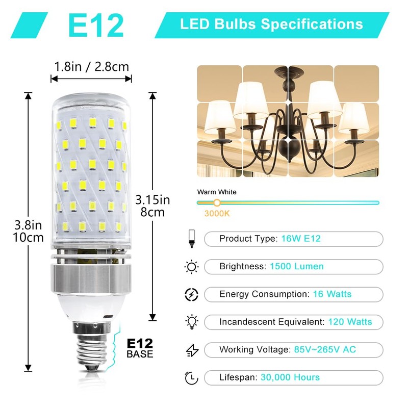 Super Bright E12 LED Corn Bulbs, 16W 1500LM Bulbs, Warm