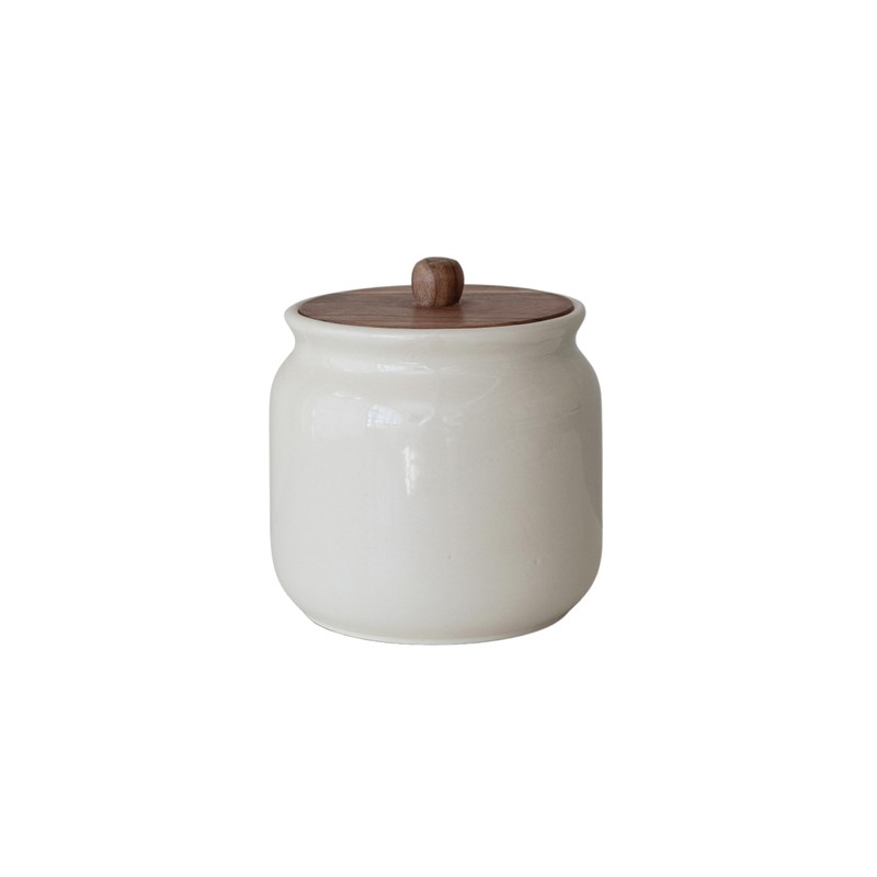 Creative Co-Op, Ivory Stoneware Canister with Acacia Wood Lid, Color