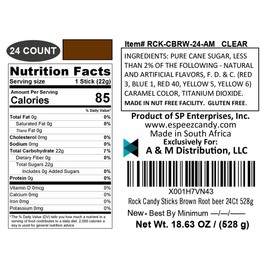 Extra Large Rock Candy Sticks: 24 Brown Rock Candy Sticks - Root Beer - Individually Wrapped for Party Favors, Candy Buffet, Showers, Receptions, Old Fashioned Espeez Bulk Candy on a Stick