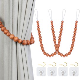 Wood Bead Curtain Tiebacks, KLOGTSIND Set of 2 Curtain Holdbacks for Thin or Thick Window Draperies, Boho Farmhouse Curtain Tiebacks with Hooks, Curtain Tie Backs for Home Office Room Decor
