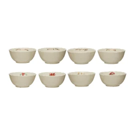 Stoneware Bowl with Holiday Greeting, Set of 4 Styles