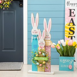 Glitzhome Easter Wooden Bunny Family Standing Porch Sign Decoration, Multiful Color
