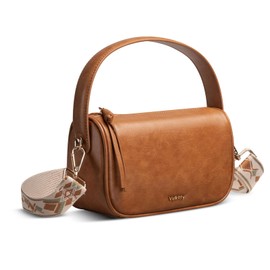 Vulkitty Small Handbag for Women Vegan Leather Top Handle Bag with a Wide Strap for Shoulder or Crossbody Wear, Brown