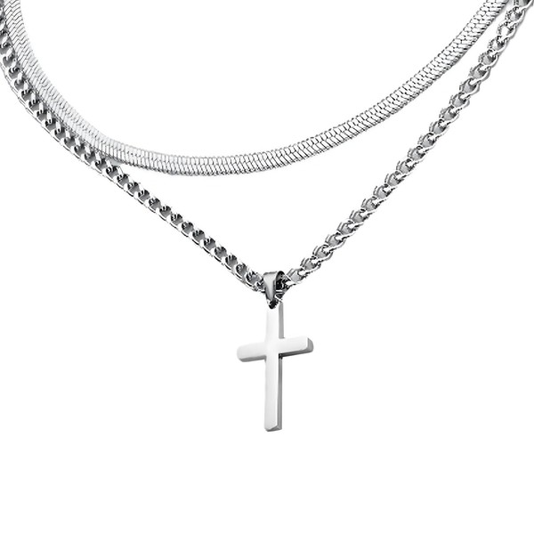 UYGTHI Men's Stainless Steel Cross Pendant with Silver Cuban Snake