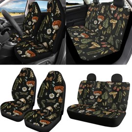 FUIBENG Mushroom Car Seat Covers Full Set of 12 Pcs,Retro Mushroom Auto Steering Wheel Cover/Seatbelt Pad/Armrest Cushion/Coaster/Keychain Universal Auto Interior Protector Accessory