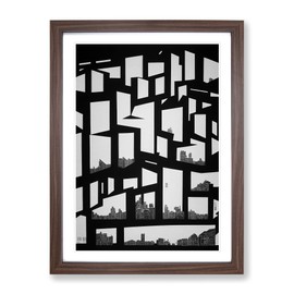 Monochrome City Skyline Abstract No.3 Framed Print for Living Room Bedroom Home Office Décor, Wall Art Picture Ready to Hang, Walnut A4 Frame (34 x 25 cm)