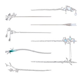 NICENEEDED 8 Pcs Retro Asian Chinese Hanfu Hair Sticks, Metal Flower Hair Pins with Pendants, Vintage Long Hair Pins Forks Chopsticks for Women Silver Fancy Headpieces Accessories