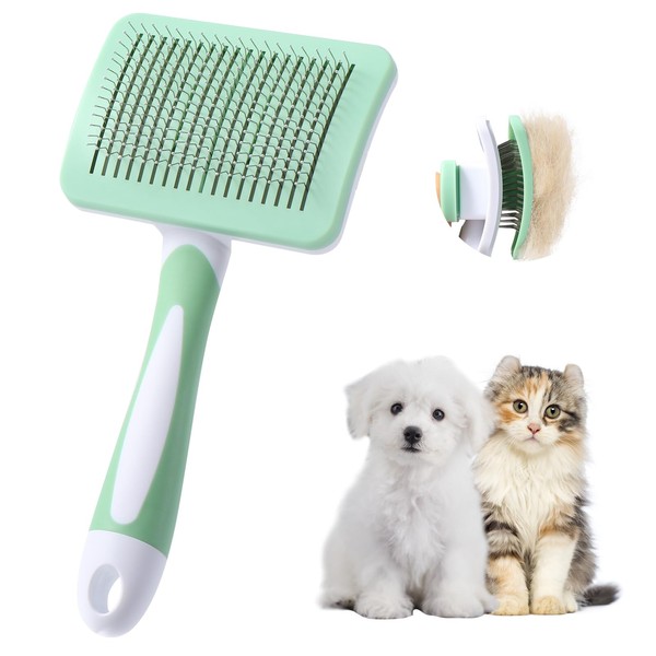 Vinabo Dog Brush, Cat Brush, Pet Self-Cleaning Slicker Brush Removes Undercoat, Dog Brushes for Undercoat, Hair Remover Pet Brush for Longhaired Short Haired Dogs and Cats, Green