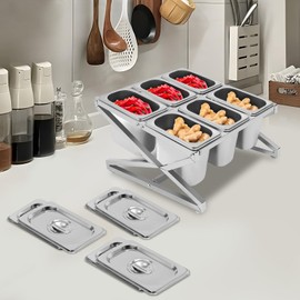 Telescopic Pizza Topping Station Organizer Condiment Container Dispenser W/6 Pans & Lids, Stainless Steel Ingredients Food Container Countertop Spice Rack Holder Seasoning Sauce Salad Jam Fruits