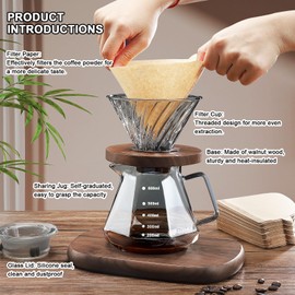 Mongdio Pour Over Coffee Maker, 20 oz High-Heat Borosilicate Glass Coffee Maker with 100pcs V60 Paper Filters, Walnut Handle & Glass Lid, Drip Coffee Maker Set for Home Café Restaurant - 600ml, Gray