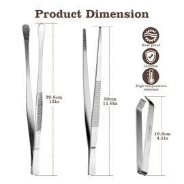YADOBIG Set of 3 Cooking Tweezers Stainless Steel Kitchen Tweezers in 30 cm x 2 and 12 cm, Barbecue Tweezers for Cooking, Tweezers Kitchen for Grilling, Coating and Serving, White
