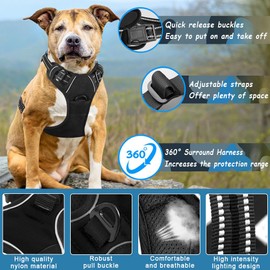 Voarge Dog Harness Large Dog No Pull Pet Harness with 2 Leash Clips, Reflective Strips, No-Choke with Easy Control Handle for Training or Walking, Medium Large Dog Vest Harness, Black, XL