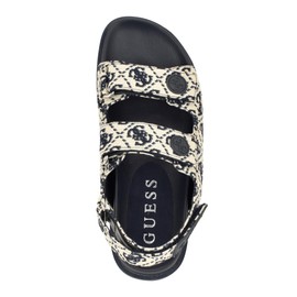 GUESS Women's FADEY Flat Sandal, Ivory/Dark Blue Logo Multi, 9
