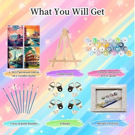 4 Pack Framed Paint by Numbers Kit for Adults Beginners-City Travel Adult Paint by Number Kits on Canvas Framed, Landscape DIY Acrylic Oil Painting by Numbers for Adults for Gift Home Decor(8x12inch)