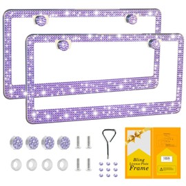 FIISFIIS Bling License Plate Frame for Women,2 Pack Premium Stainless Steel Rhinestone License Plate Holder,Handmade Glitter Crystal Diamond Lincense Plate Cover,Bedazzled Sparkly Caps-Light Violet