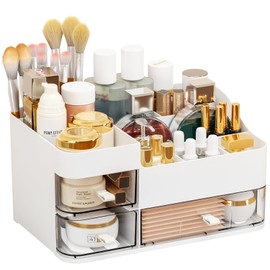 SuoXing White Make up Organizers for Vanity,Large Plastic Bathroom Counter Organizer With Drawers,Skincare Organizers and Cosmetic Storage for Dresser Top Skin Care,Beauty Products and Brush Holder