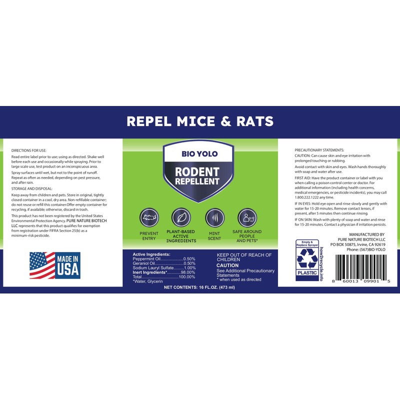 BIO YOLO Rodent Repellent Spray, 16oz – Effective Natural Peppermint