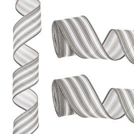 PATIKIL 12 Yards x 2" Striped Ribbon, Gray and White Wired Gift Wrapping Linen Ribbon Satin for Christmas Craft Birthday Wedding Festival Wreath