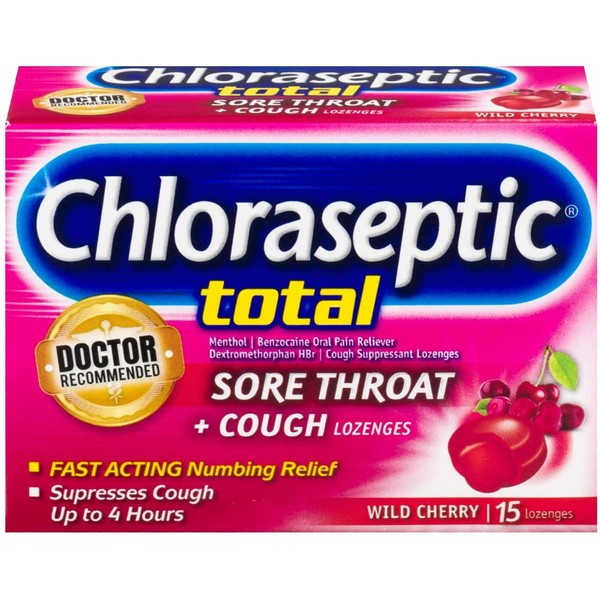 Chloraseptic Total Sore Throat + Cough Lozenges, Wild Cherry Flavor, 15 Count
