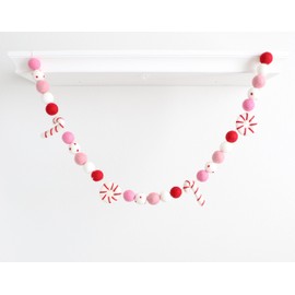 Mini Felt Factory | Christmas Felt Garland ~7 Ft 100% Wool Pom 2.5 cm Balls Candy Cane Peppermint Ornament Boho Pink Holiday Bright Decor Mantel Hanging Seasonal Banner Craft Wall Party